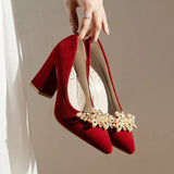 Spring/Summer/Autumn Wedding Shoes Women's Thick Heels 2024 New Bride Red Suede Wedding Shoes