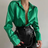 Toleet-Autumn Shirt Women's Polo Collar Office Lady blouse Vintage Blue Green Shirt Loose Button Up Down Shirts Black Fashion Tops