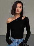 Toleet-Fashion Skew Collar Off-shoulder Long-sleeved T-shirts Women Spring 2023 New Solid Slim Fit Crop Top Sexy Hollow Out Tees Shirts