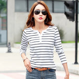 Toleet-Cotton T-Shirt Women Long Sleeve Striped T Shirt Fashion 2023 Spring Autumn Female Clothes Top Tee Lady V-neck Tops 7215