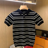 Toleet-Summer Men's Clothing Leisure Light Luxury Knitted Polo Shirt Korean Striped Short Sleeve Retro Breathable Fashion Knitwear