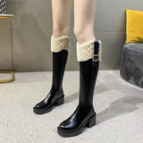 Toleet-Winter Knee High Brown Long Boots Comfort Square Heel Zip Belt Buckle Platform Boots for Women  Plush Edge Warm Gothic Shoes