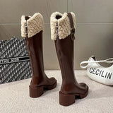 Toleet-Winter Knee High Brown Long Boots Comfort Square Heel Zip Belt Buckle Platform Boots for Women  Plush Edge Warm Gothic Shoes