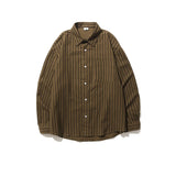 TOLEET-Spring Japanese Retro Brown Striped Shirts for Men and Women Loose Long-sleeved Pocket Button Lapels Casual Men Shirt Jackets