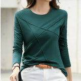 Toleet-Ribbed Spring Fashion Bamboo Cotton T-Shirt Autumn O-Neck Loose casual Women Shirt Long Sleeve Lady Green Top 17279