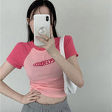 Toleet-Y2K Women T Shirt Patchwork Letter Slim Fit Crop Tops Streetwear Casual Korean Fashion Short Sleeve Tshirts Bae Female Tees