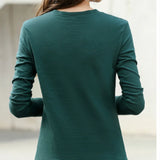 Toleet-Ribbed Spring Fashion Bamboo Cotton T-Shirt Autumn O-Neck Loose casual Women Shirt Long Sleeve Lady Green Top 17279