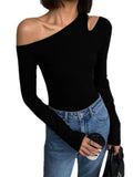 Toleet-Fashion Skew Collar Off-shoulder Long-sleeved T-shirts Women Spring 2023 New Solid Slim Fit Crop Top Sexy Hollow Out Tees Shirts