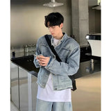 Toleet-Autumn Denim Set Men Denim Jacket +Wide Leg Straight Jeans Casual Loose Solid Color Korean Style Street Stand Collar 2pcs Suit