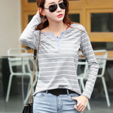 Toleet-Cotton T-Shirt Women Long Sleeve Striped T Shirt Fashion 2023 Spring Autumn Female Clothes Top Tee Lady V-neck Tops 7215