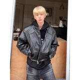 Toleet-Motorcycle Leather Jacket Men Cropped Korean Fashion Shoulder Pad PU Bomber Coats Male Street Hip Hop Racing Retro Outwear New