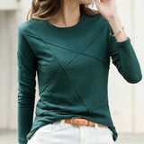 Toleet-Ribbed Spring Fashion Bamboo Cotton T-Shirt Autumn O-Neck Loose casual Women Shirt Long Sleeve Lady Green Top 17279