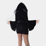 Toleet Women Halloween Witch Cosplay Costumes Long Sleeve Black Hooded Bodycon Mini Dresses Gothic Goth Short Dress for Party