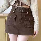 Toleet-Women's Vintage Green Denim Cargo Skirt Spring Summer 2023 Y2K Big Pocket Belt Mini Skirts Woman Korean High Waist Short Pants