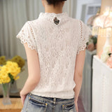 Toleet-Summer Casual Solid Blouses for Women Petal Sleeve Floral Lace Tops Sweet Chiffon O-neck Short Shirts Elegant Chic New 01C