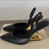 Toleet Shaped Heel Pointed Toe Shoes Novelty Design Leather Sandals Summer Black High Heels for Women Metal Heel Fashion Ladies Wedges