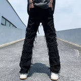 Toleet- Men's Tide Spring Autumn Hip Hop High Street Damaged Slight Ragged Hole Raw Edge Pleated Jeans Dark Punk Denim Pants