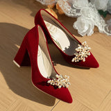 Spring/Summer/Autumn Wedding Shoes Women's Thick Heels 2024 New Bride Red Suede Wedding Shoes