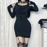 Toleet Goth Dark Harajuku Fashion Embroidery Bodycon Mini Dress Black Vestido Grunge Techwear Mall Gothic Off Shoulder Hooded Dresses