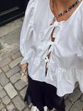 Toleet-Summer Lace Up Bow Tied Women Shirt Casual O-neck Puff Sleeve Ruffles White Blouse 2024 New Female Black Tops Sweet Lady