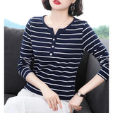 Toleet-Cotton T-Shirt Women Long Sleeve Striped T Shirt Fashion 2023 Spring Autumn Female Clothes Top Tee Lady V-neck Tops 7215