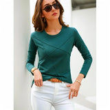 Toleet-Ribbed Spring Fashion Bamboo Cotton T-Shirt Autumn O-Neck Loose casual Women Shirt Long Sleeve Lady Green Top 17279