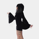 Toleet Women Halloween Witch Cosplay Costumes Long Sleeve Black Hooded Bodycon Mini Dresses Gothic Goth Short Dress for Party