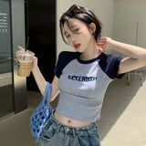 Toleet-Y2K Women T Shirt Patchwork Letter Slim Fit Crop Tops Streetwear Casual Korean Fashion Short Sleeve Tshirts Bae Female Tees