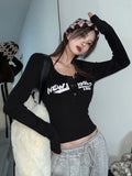 Toleet-Retro Graffiti Print Elastic T Shirt Women Sexy Slim Crop Top Ribbed Long Sleeve O-neck Tops Grunge Tee Tops Korean