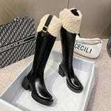 Toleet-Winter Knee High Brown Long Boots Comfort Square Heel Zip Belt Buckle Platform Boots for Women  Plush Edge Warm Gothic Shoes