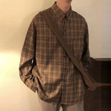 Toleet-Spring Clothing Men's Casual Japanese Plaid Shirt Vintage Streetwear Turn Down Collar Button Long-sleeved Check Tops Stylish