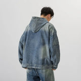 Toleet-Denim Hooded Jacket Men Women Convex Turtle Shell Pattern Loose Casual Vintage Sweatshirt Coat Street Washed Denim Pullovers New