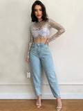 Toleet-Ladies Sexy Mesh Sequined Full Sleeve Short Tops 2024New Summer See Though T shirt Women Elegant Tops