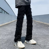 Toleet- Men's Tide Spring Autumn Hip Hop High Street Damaged Slight Ragged Hole Raw Edge Pleated Jeans Dark Punk Denim Pants