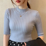 Toleet-Summer Pullover Knitted Tops Half Sleeve Knitted Sweater Korean T-Shirt Women Autumn Basic Solid Casual Base Female 13466