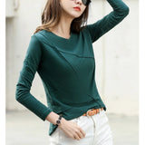 Toleet-Ribbed Spring Fashion Bamboo Cotton T-Shirt Autumn O-Neck Loose casual Women Shirt Long Sleeve Lady Green Top 17279