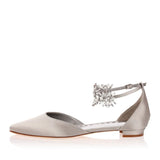 Toleet Grey Flat Wedding Shoes Satin Pointy Toe Rhinestone Ankle Strap Flats