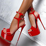 Toleet Red Platform Heels Patent Leather Double Ankle Strap Stiletto Shoes