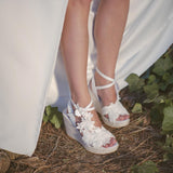 Toleet Ivory Lace Floral Bridal Shoes Peep Toe Espadrille Wedge Sandals