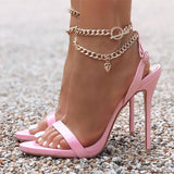 Vstacam High Quality Pink Patent Leather Summer Women's Shoes Sandals Fashion Open Toe Metal Chain Ankle Strap Sexy Stiletto Heels Ladie Vstacam