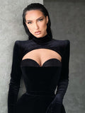 Toleet Elegant Long Dress Hollow Out Gloves Partywear Mall Goth Women Black Velvet Sexy Aesthetic Bodycon Trumpet Dress