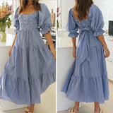 Toleet Dress 2023 Women Summer Dresses Ruffle Square Neck Puff Sleeve Bow Midi Dress Bohemian Beach Party Elegant Female Vestidos Robe