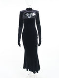 Toleet Elegant Long Dress Hollow Out Gloves Partywear Mall Goth Women Black Velvet Sexy Aesthetic Bodycon Trumpet Dress