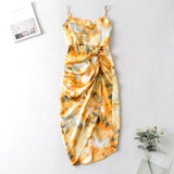 Toleet Women Vintage Yellow Tie dye Flower print  Spaghetti Strap Dress Hem Slim Waist Slit Irregular Long Dresses Sling Vestido