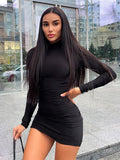 Toleet Black Ruched Mini Women Bodycon Dress Long Sleeve Autumn Winter Elegant White Bandage Party Dresses Club Sexy