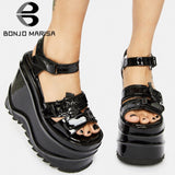 Goth Brand Black Wave 13  Bat Platform Open Toe Wedges Hook Loop Patent Pu Women Sandals 2021 Leisure Casual Punk Sumemer Shoes Vstacam