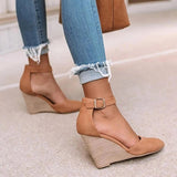 2022 Wedges Women Sandals Summer Fashion Buckle Solid Pointed Sweet Casual Office Party Wedding Shoes Plus Size Ladies Sandals Vstacam