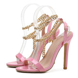 Vstacam High Quality Pink Patent Leather Summer Women's Shoes Sandals Fashion Open Toe Metal Chain Ankle Strap Sexy Stiletto Heels Ladie Vstacam