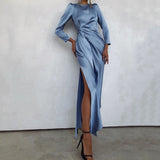 Toleet 2023 Autumn Winter Women Satin Puff Long Sleeve Side Slit Midi Dress Bodycon Ruched Patchwork Party Elegant Evening