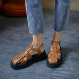 2022 New Summer Women Shoes Round Toe Square Heel Tape Weaving Women Sandals Leather Platform Sandals Flat Plus Size Shoes Vstacam